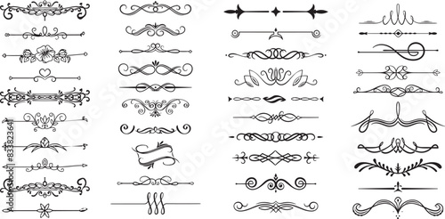 Line dividers. Decorative swirl text separators, vintage divider. Victorian flourishes line calligraphic swirly filigree decoration editable stroke vector set	