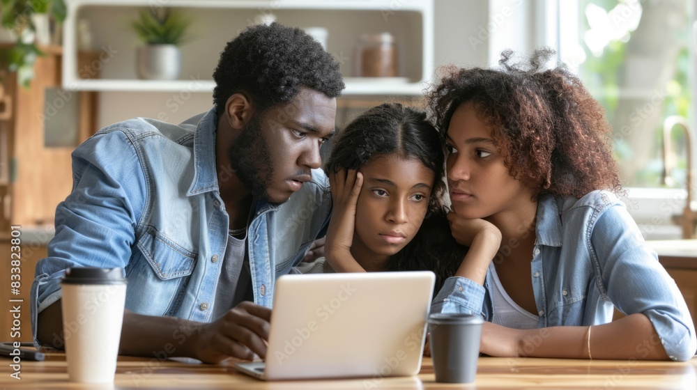 a man and two girls are looking at a laptop. a man and two girls are looking at a laptop.