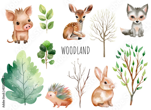 Woodland animals. Set of wild watercolor forest animals. Green trees and plants. Deer, boar, hedgehog, rabbit.