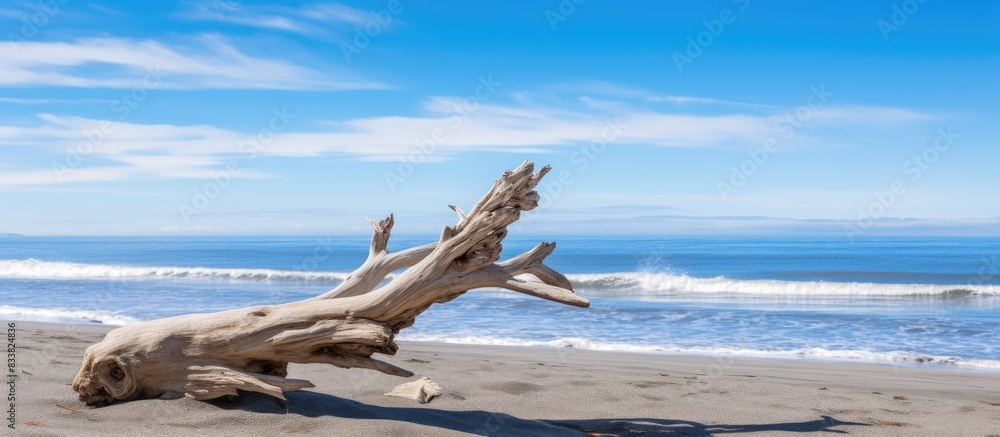 A scenic view featuring driftwood jutting into the Pacific Ocean with a backdrop of blue sky and ample copy space image. A scenic view featuring driftwood jutting into the Pacific Ocean with a backdrop of blue sky and ample copy space image.