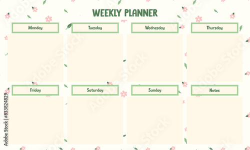 Fotografie Weekly planner with cute pink flowers pattern, stationery organizer for daily plans, floral vector weekly planner template, schedules