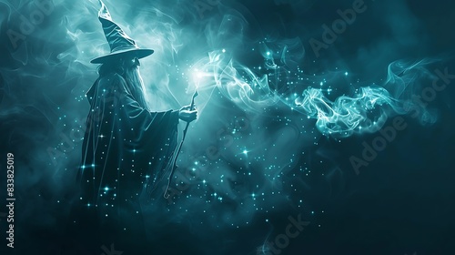 A wizard stands in a dark room, his face hidden by a hood. He is wearing a long black robe and holding a staff in his hands. photo