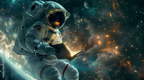 A lone astronaut floats weightlessly within a spaceship, their eyes fixed on a glowing book that seems to hold the secrets of the universe, planets and galaxies swirling on its pages photo