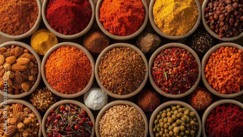 Vast array of different spices, photojournalism, aerial top view, closeup depth of field, chroma, studio lighting, food photography, super-rich details, super many details Vast array of different spices, photojournalism, aerial top view, closeup depth of field, chroma, studio lighting, food photography, super-rich details, super many details