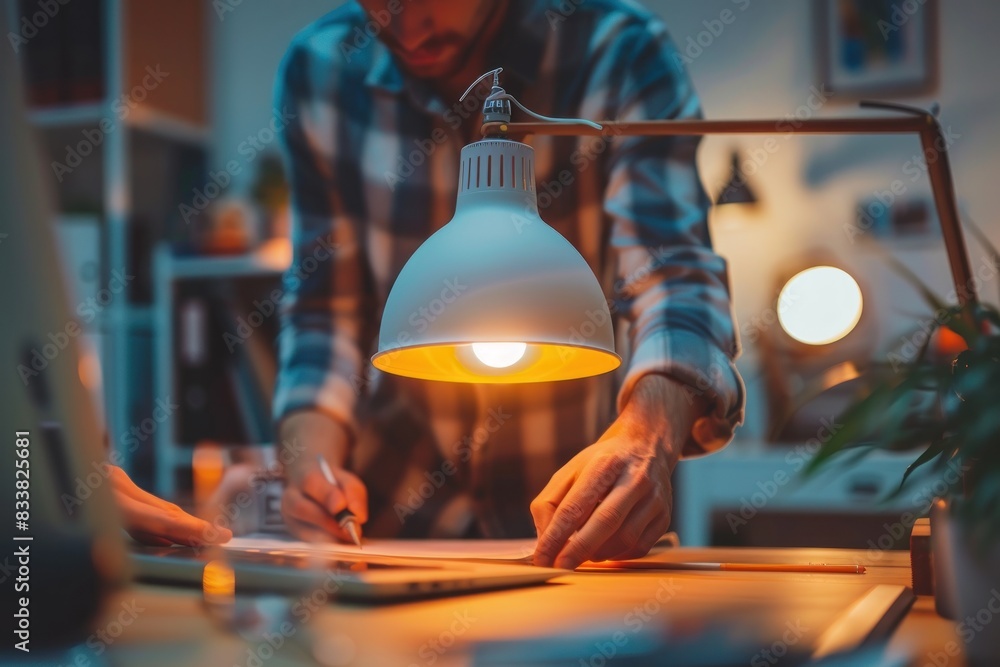 A man is sitting at a desk with a lamp on his head A man is sitting at a desk with a lamp on his head
