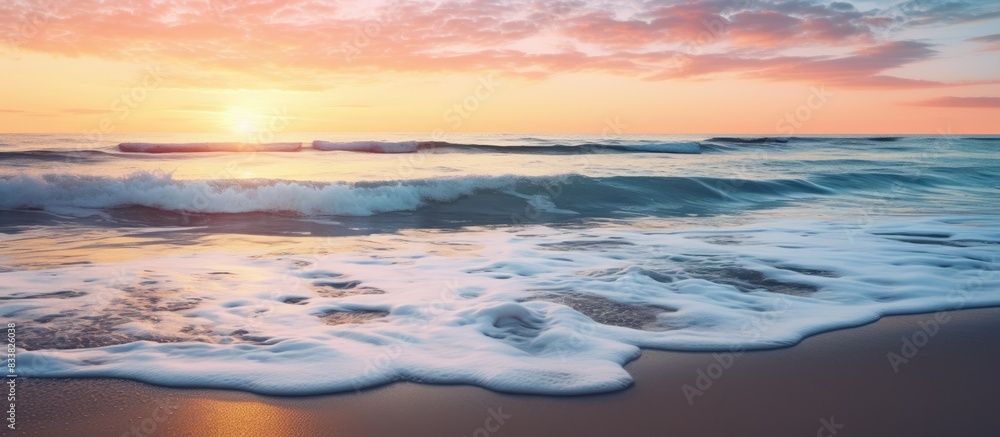 Fototapeta premium A breathtaking image of a serene beach at sunset with ocean waves, offering a peaceful paradise vibe and plenty of copy space image.