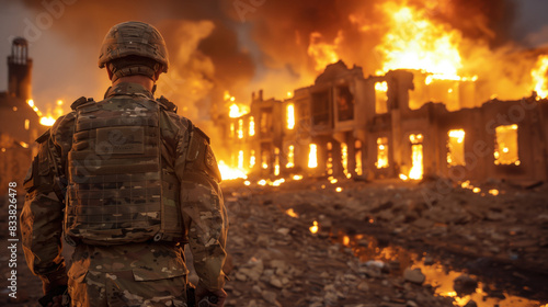Soldier Facing Burning Building in Warzone.