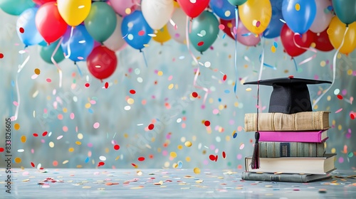 Vibrant and Festive Graduation Background with Colorful Confetti and Balloons. A Stack of Books with Graduation Cap and Diploma on Wooden Surface, Transitioning to Whitespace for Custom Additions