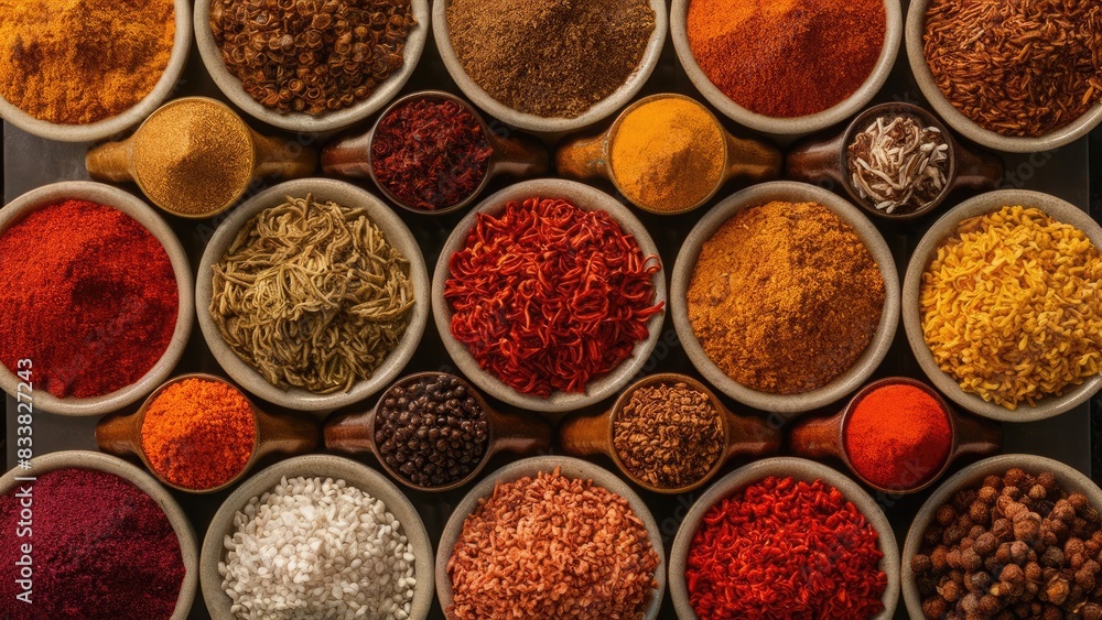 Vast array of different spices, photojournalism, aerial top view, closeup depth of field, chroma, studio lighting, food photography, super-rich details, super many details Vast array of different spices, photojournalism, aerial top view, closeup depth of field, chroma, studio lighting, food photography, super-rich details, super many details