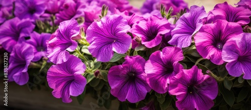 Vivid purple petunias in full bloom enhance spring flowerbeds with their beauty, creating an appealing copy space image.