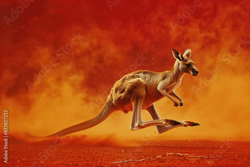 Kangaroo Hopping Through Red Dusty Australian Outback.