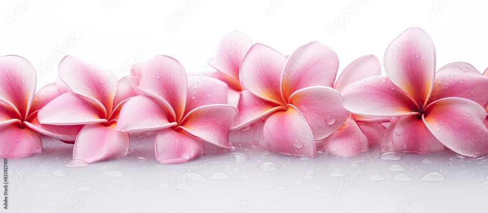 Obraz premium Plumeria flower showcasing raindrops against a white background with copy space image.
