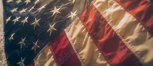 Primer plano del fondo de la bandera americana, con espacio para copiar. La bandera estadounidense ondea en el viento. Concepto del día nacional de Estados Unidos. filtro retro. photo