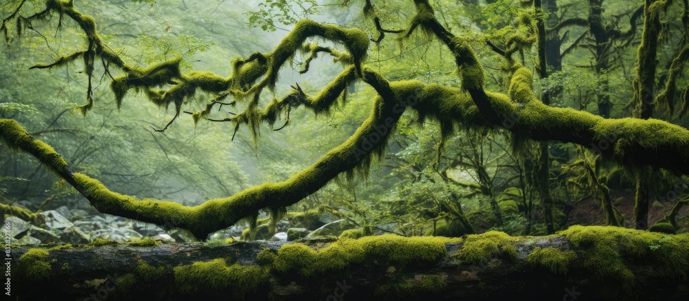Obraz premium The moss-covered branches create a picturesque scene in the forest, offering a natural background for a copy space image.