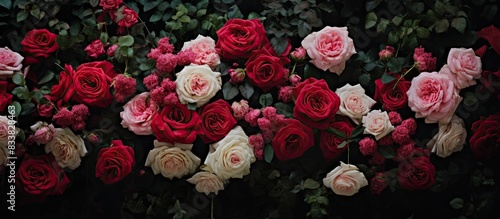 Vibrant red, white, and fuchsia roses set against a lush green backdrop create a stunning copy space image. photo