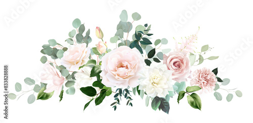 Pale pink and dusty beige rose, carnation, magnolia, dahlia, eucalyptus, greenery vector design floral bouquet. Classic wedding sage, white, blush and beige flowers. Elements are isolated and editable