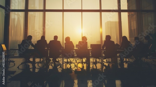 people sitting in a conference room with the sun setting behind them.