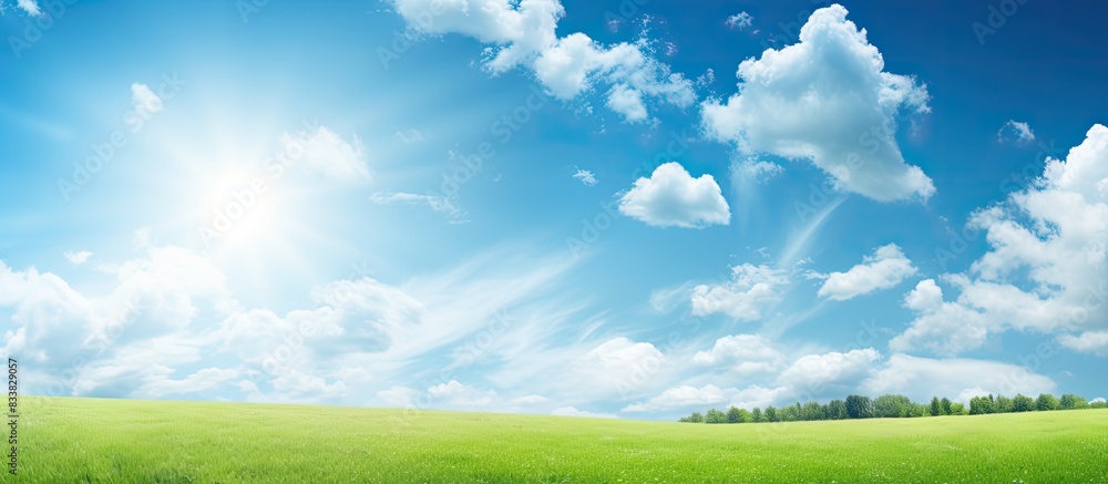 Sunny day with green field, blue sky, and sun in copy space image. Sunny day with green field, blue sky, and sun in copy space image.