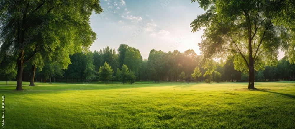 Obraz premium Public park with a lush green grass field illuminated by a lovely morning light, perfect for a picturesque copy space image.