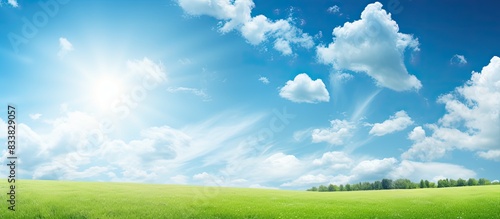 Sunny day with green field, blue sky, and sun in copy space image.