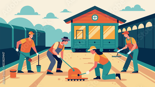 In a dusty workshop volunteers carefully reconstruct small details of a dilapidated train station paying close attention to historical accuracy.. Vector illustration