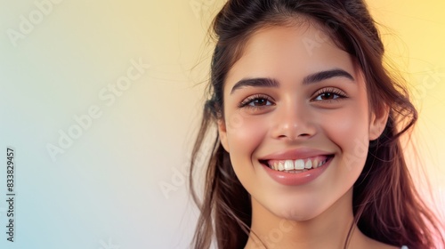 Portrait of a woman with a bright smile, ideal for makeup campaigns and product advertising