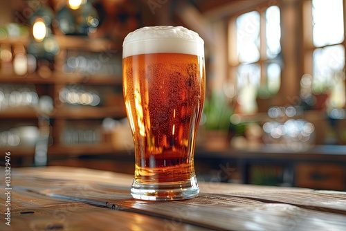 A glass of fresh light beer on a wooden table in a pub. Blurred background with lights. International Beer Day