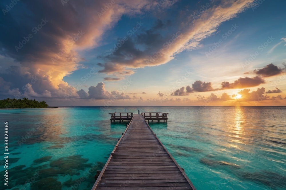 Fototapeta premium Panoramic view of the resort, turquoise water, beautiful sky, platform to the hotel.