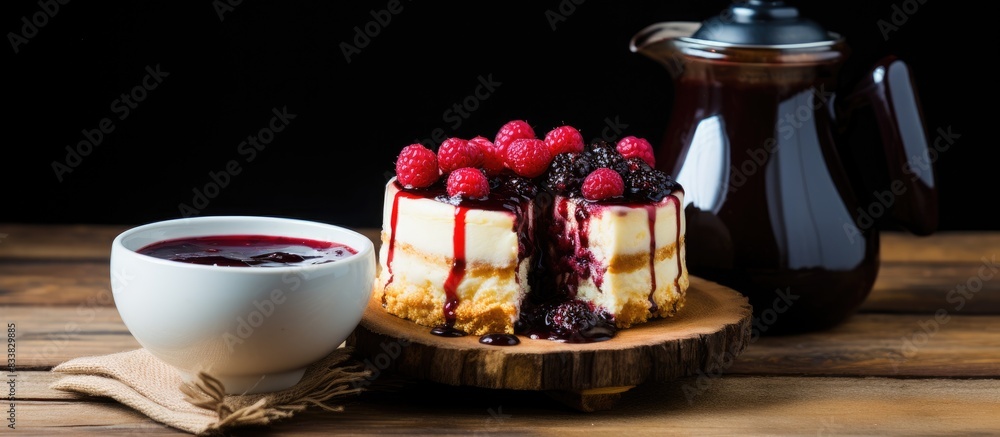 Berry sauce-topped cheesecake, French press, and cup of tea on a wooden backdrop with copy space image.