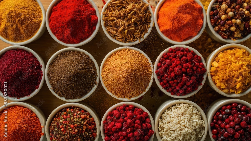 Vast array of different spices, photojournalism, aerial top view, closeup depth of field, chroma, studio lighting, food photography, super-rich details, super many details Vast array of different spices, photojournalism, aerial top view, closeup depth of field, chroma, studio lighting, food photography, super-rich details, super many details