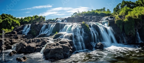 The picturesque waterfall cascading under a clear blue sky enchants with its beauty  providing a tranquil scene for a copy space image.