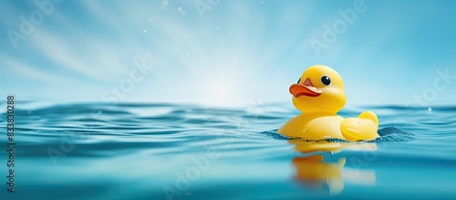 Rubber duck floating in a pool of water with a copy space image. photo