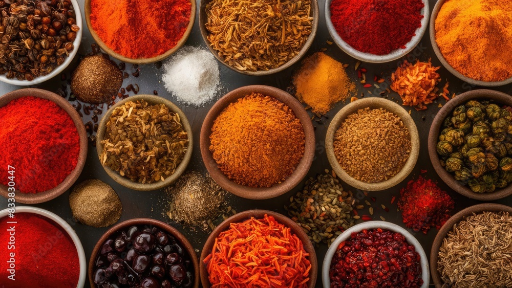 Vast array of different spices, photojournalism, aerial top view, closeup depth of field, chroma, studio lighting, food photography, super-rich details, super many details Vast array of different spices, photojournalism, aerial top view, closeup depth of field, chroma, studio lighting, food photography, super-rich details, super many details