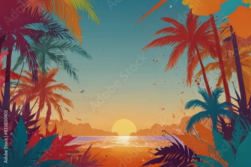 Colored vintage summer background palm  template  copy space.