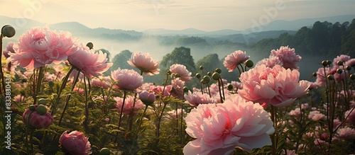 Fototapeta Naklejka Na Ścianę i Meble -  An old-fashioned summer field featuring blooming wild peonies with ample copy space image.