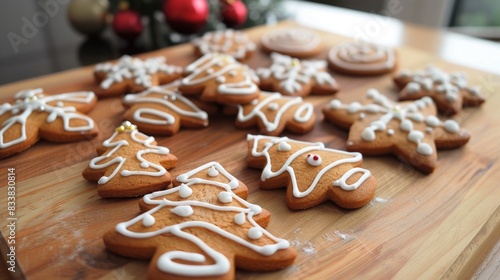 Christmas gingerbread cookies made at home displayed on a wooden surface