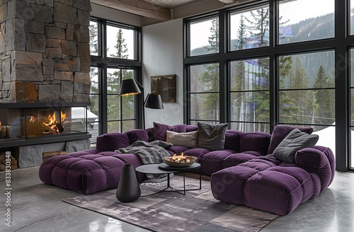 The living room features a purple couch, a fireplace, and large windows that provide a view of the outdoors. The room is well-lit and inviting, with a comfortable and stylish atmosphere.