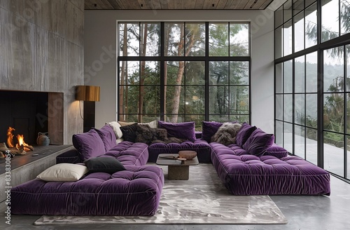 A spacious and well-decorated living room featuring purple couches, large windows, and a cozy fireplace. 