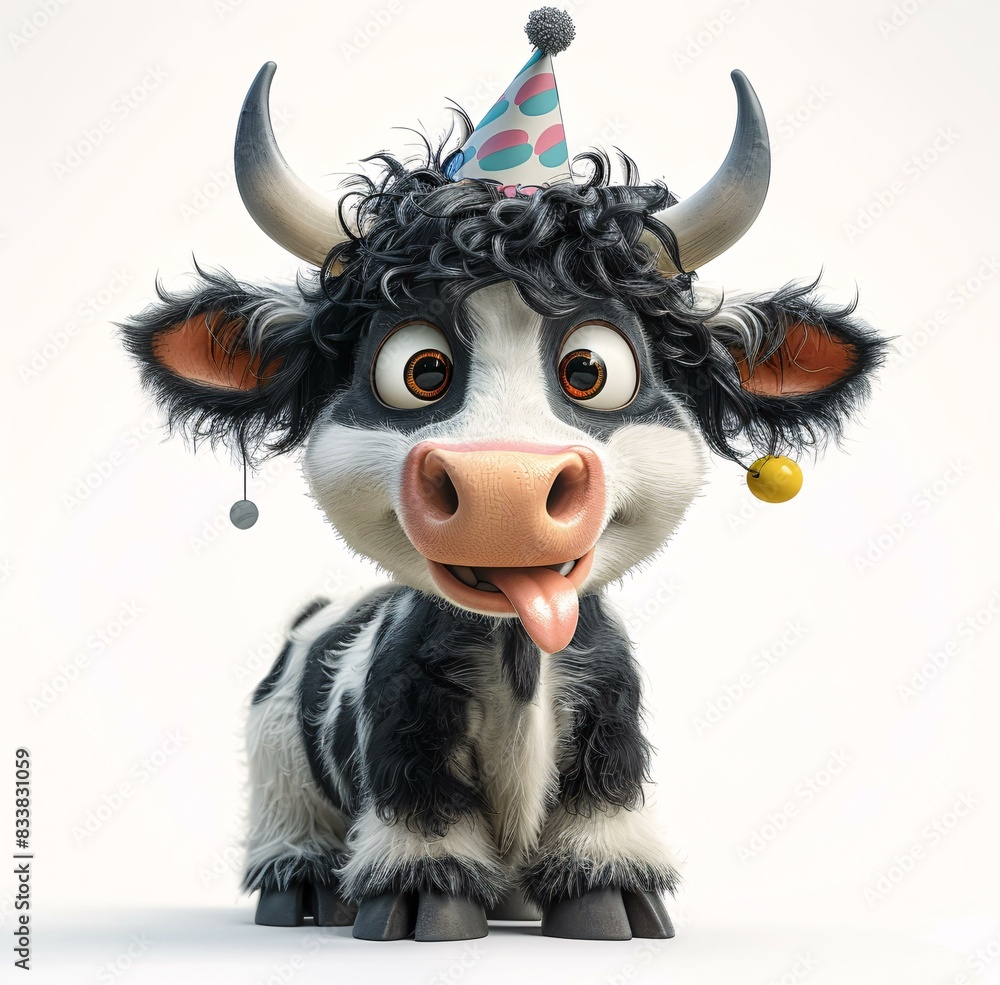 A cartoon cow with a party hat, licking its tongue out and looking at the camera. A cartoon cow with a party hat, licking its tongue out and looking at the camera.