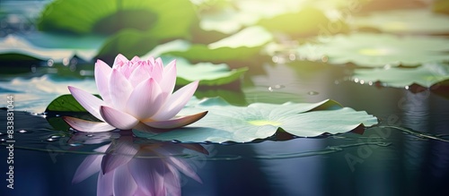 Lotus flower with green leaf in a pond  providing a stunning copy space image.