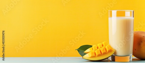 A refreshing glass of mango milk with a vibrant copy space image. photo