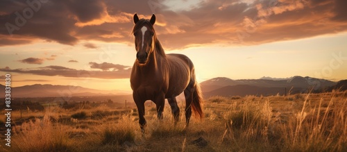 A horse in a field with the setting sun in the background  creating a picturesque scene with ample copy space image.