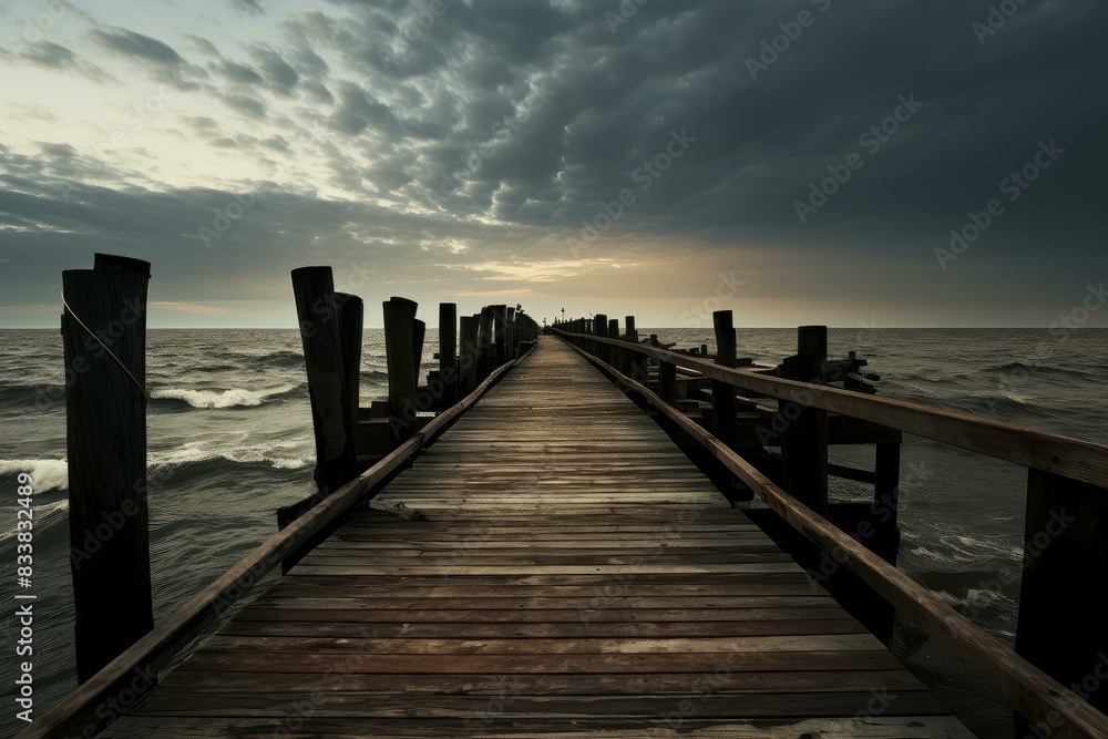 Fototapeta premium Moody sunset over the ocean with a deserted wooden pier leading into the horizon