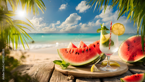Watermelon slices with fresh green rinds  Chilled drink in a glass. Summer theme wallpaper on a beach background. generative ai