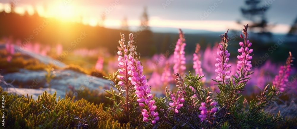 Obraz premium Wild Erica or heath and heather flowers blooming beautifully in the forest, with a stunning background for a copy space image.