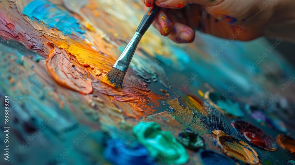 Artist Holding Paintbrush: Illustrate a close-up of an artist's hand holding a paintbrush, with vibrant colors on a palette in the background. Artist Holding Paintbrush: Illustrate a close-up of an artist's hand holding a paintbrush, with vibrant colors on a palette in the background.