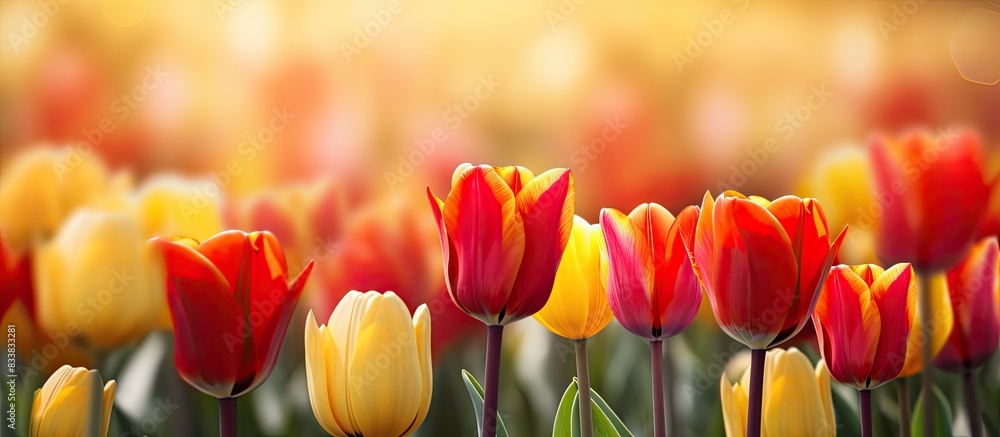 Field of vibrant red and yellow tulips with copy space image. Field of vibrant red and yellow tulips with copy space image.