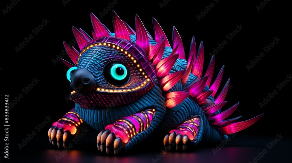 Neon hedgehog with glowing spikes, pop art style, black background, striking and playful Neon hedgehog with glowing spikes, pop art style, black background, striking and playful