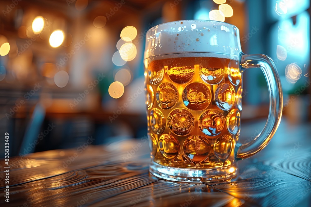 A glass of fresh light beer on a wooden table in a pub. Blurred background with lights. International Beer Day A glass of fresh light beer on a wooden table in a pub. Blurred background with lights. International Beer Day
