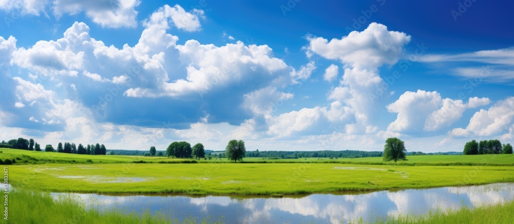 Summer countryside under white rain clouds with a vivid blue sky, creating a high-contrast scene, ideal as a copy space image. Summer countryside under white rain clouds with a vivid blue sky, creating a high-contrast scene, ideal as a copy space image.